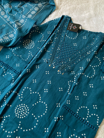 Bandhani Aline Kurti With Palazzo And Dupatta. Cotton Aline Suit Sets For Women.