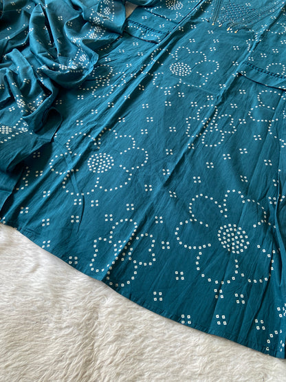 Bandhani Aline Kurti With Palazzo And Dupatta. Cotton Aline Suit Sets For Women.