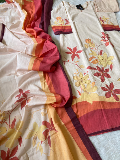 Mul Cotton Printed Kurti With Lining, Neck Work And With Palazzo And Dupatta. Cotton Suit Set For Women.