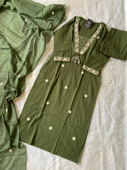 Embroidery Work Cotton Straight Kurti With Pant And Dupatta. Cotton Suit Sets For Women.