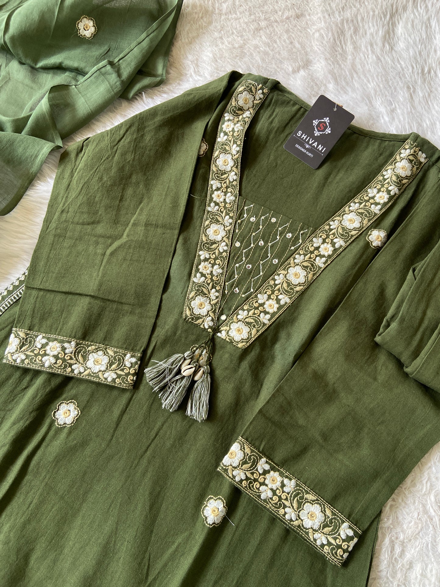 Embroidery Work Cotton Straight Kurti With Pant And Dupatta. Cotton Suit Sets For Women.