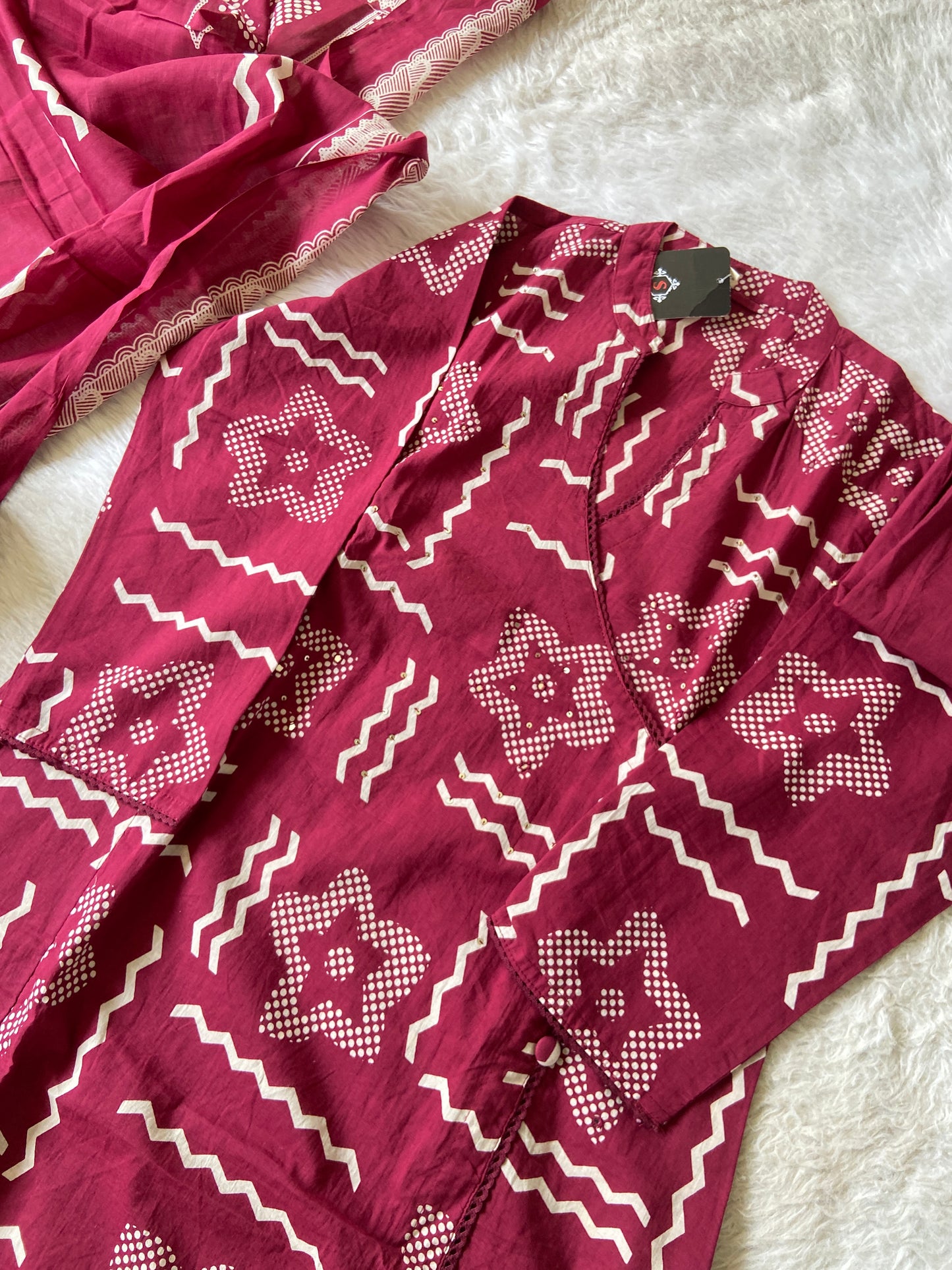 Angarakha Style Cotton Straight Kurti With Pant And Dupatta. Cotton Straight Suit Sets For Women.