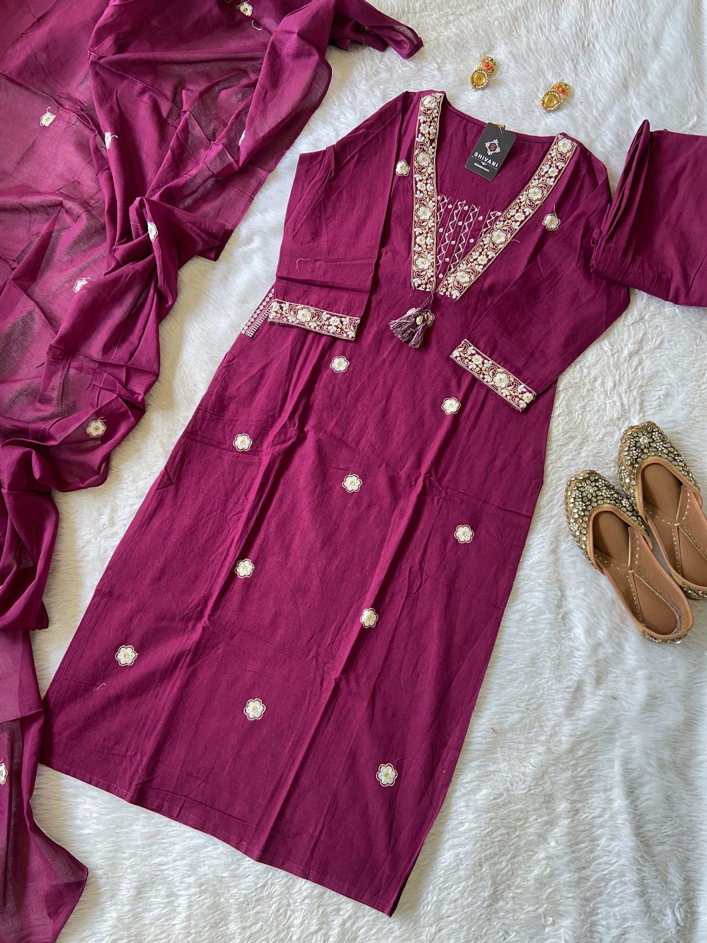 Embroidery Work Cotton Straight Kurti With Pant And Dupatta. Cotton Suit Sets For Women.