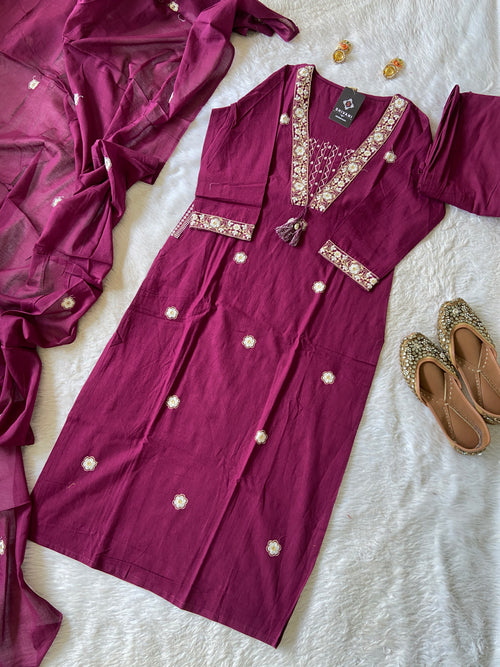 Embroidery Work Cotton Straight Kurti With Pant And Dupatta. Cotton Suit Sets For Women.