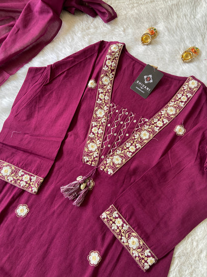 Embroidery Work Cotton Straight Kurti With Pant And Dupatta. Cotton Suit Sets For Women.