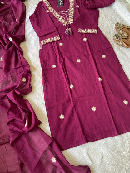 Embroidery Work Cotton Straight Kurti With Pant And Dupatta. Cotton Suit Sets For Women.