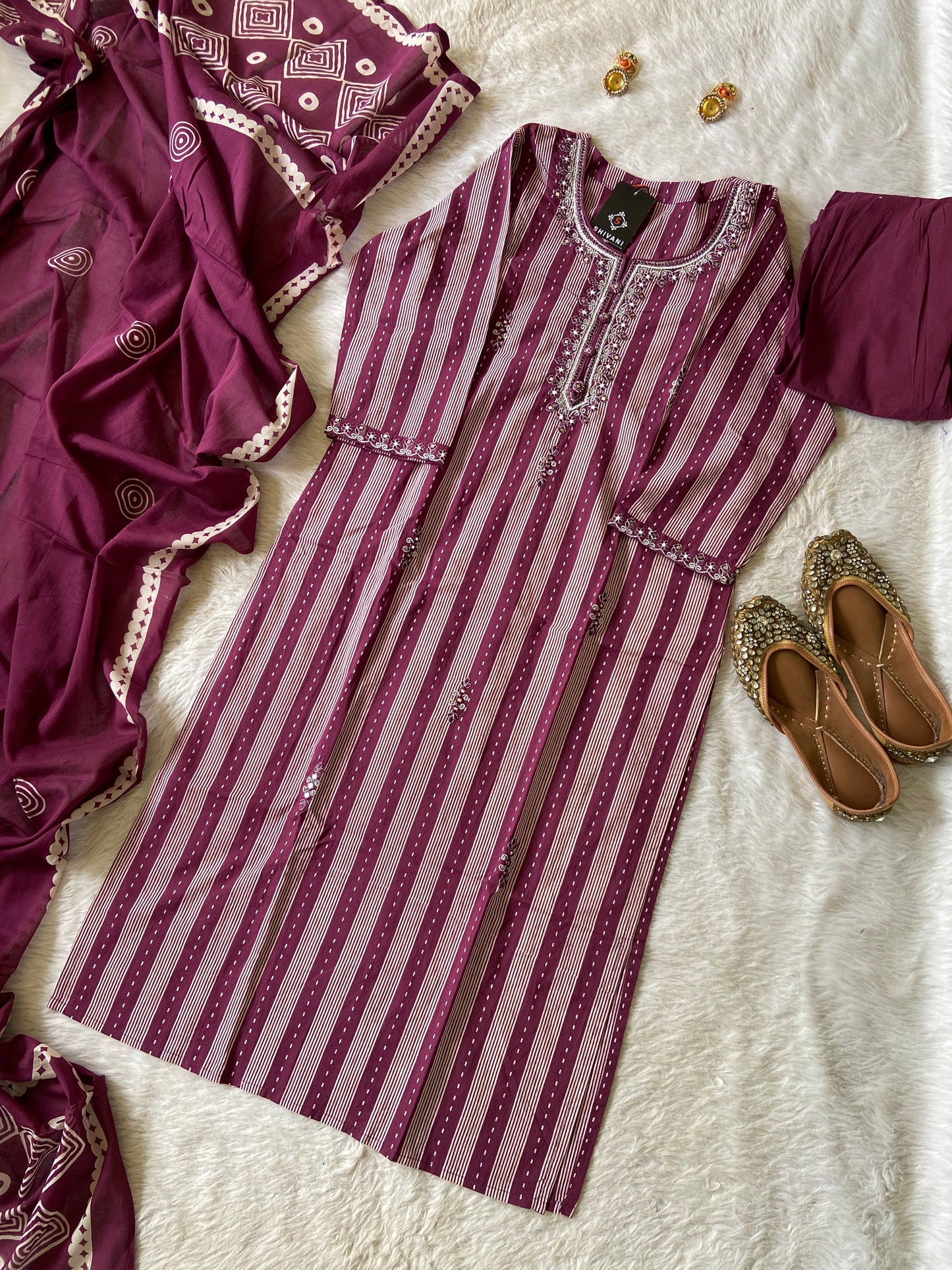 Stripe Style Cotton Straight Kurti With Pant And Dupatta. Cotton Suit Sets For Women.