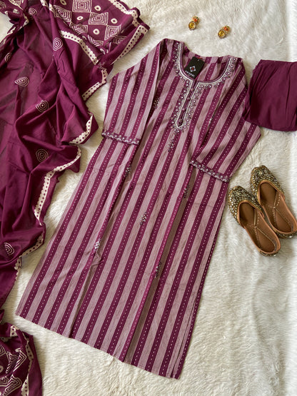 Stripe Style Cotton Straight Kurti With Pant And Dupatta. Cotton Suit Sets For Women.