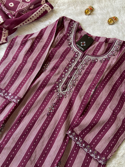Stripe Style Cotton Straight Kurti With Pant And Dupatta. Cotton Suit Sets For Women.