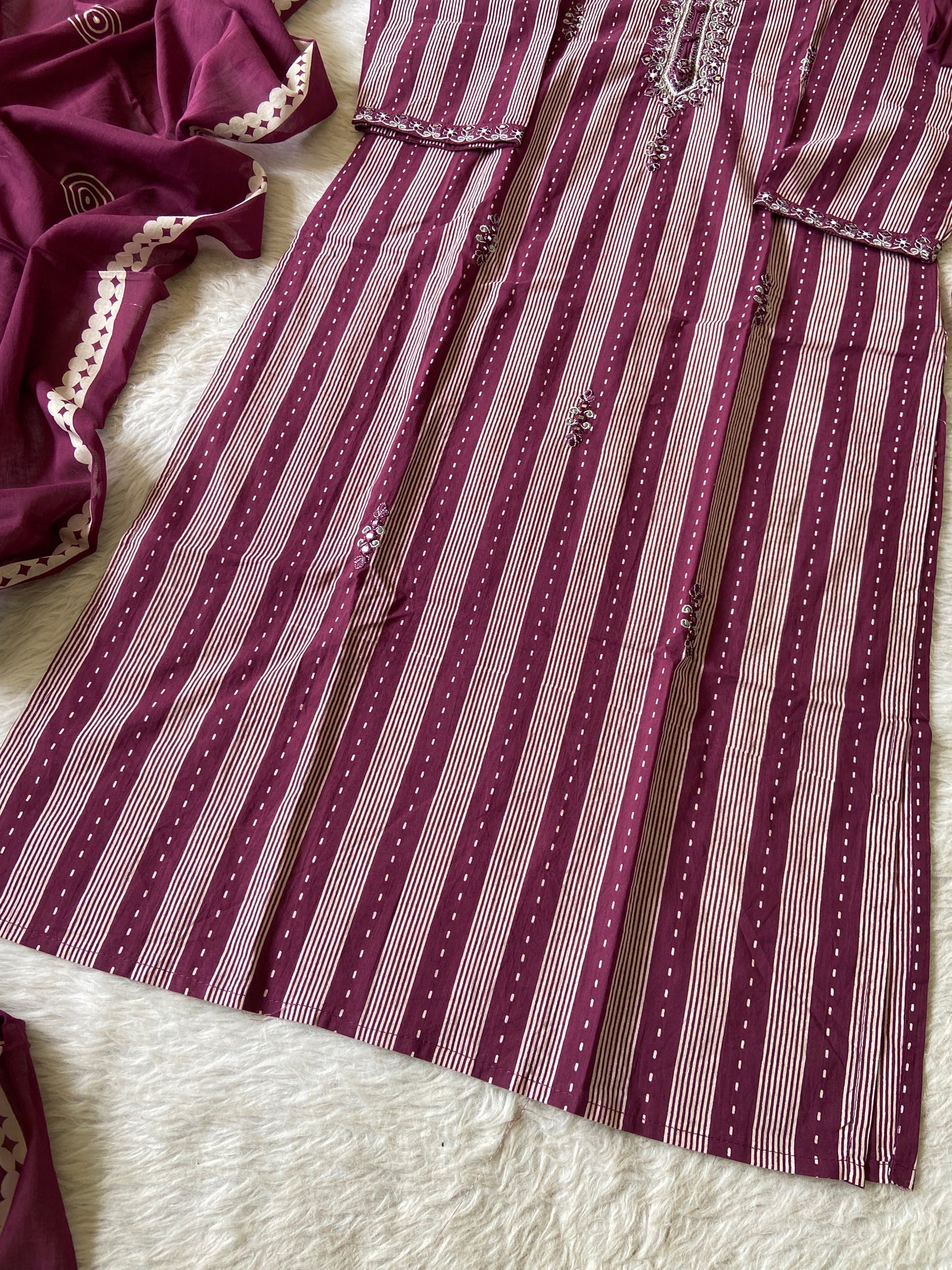 Stripe Style Cotton Straight Kurti With Pant And Dupatta. Cotton Suit Sets For Women.
