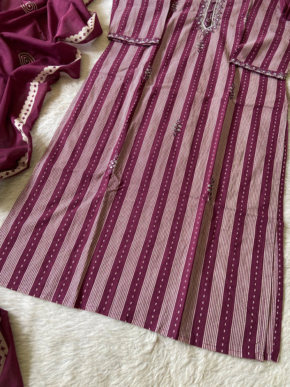 Stripe Style Cotton Straight Kurti With Pant And Dupatta. Cotton Suit Sets For Women.