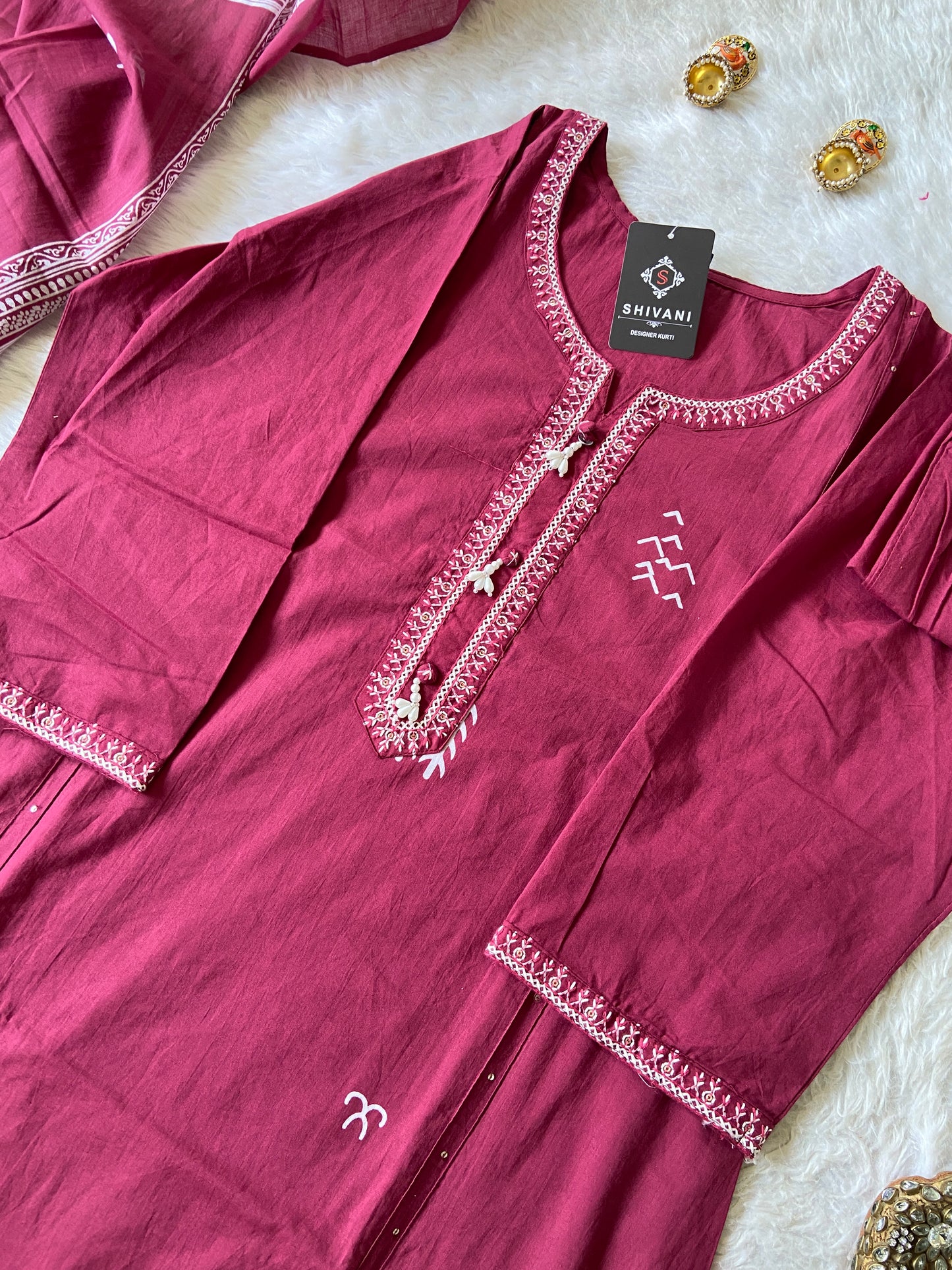 Mul Cotton Printed Kurti With Pant And Dupatta. Cotton Suit Set For Women.