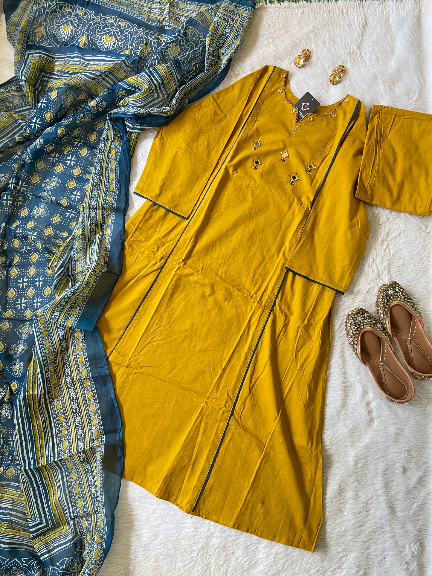 Mirror Work Cotton Straight Kurti With Palazzo And Dupatta. Cotton Suit Sets For Women.