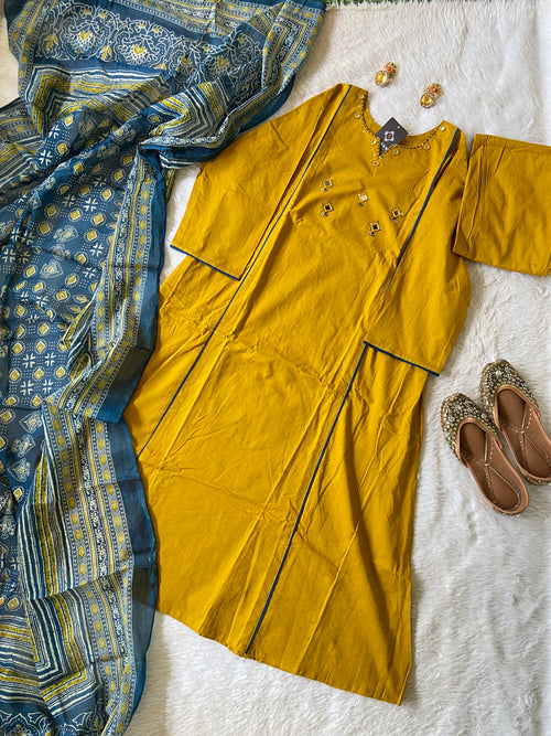 Mirror Work Cotton Straight Kurti With Palazzo And Dupatta. Cotton Suit Sets For Women.