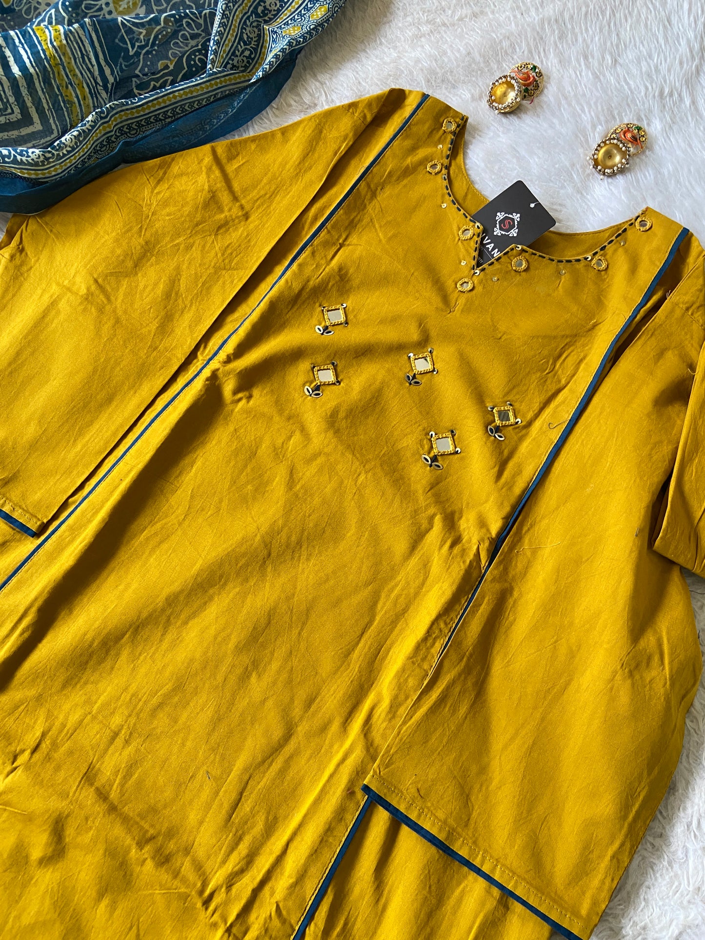 Mirror Work Cotton Straight Kurti With Palazzo And Dupatta. Cotton Suit Sets For Women.