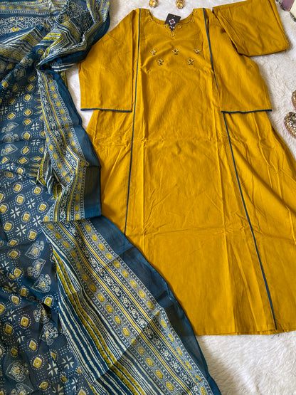 Mirror Work Cotton Straight Kurti With Palazzo And Dupatta. Cotton Suit Sets For Women.