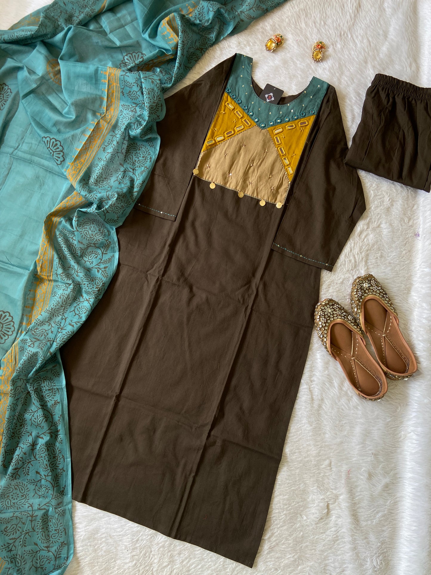 Mirror Work Cotton Straight Kurti With Palazzo And Dupatta. Cotton Suit Sets For Women.