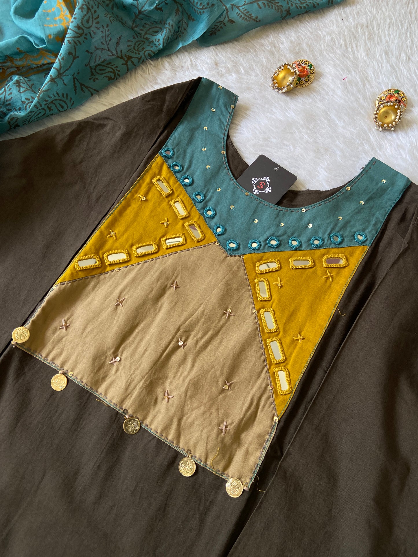 Mirror Work Cotton Straight Kurti With Palazzo And Dupatta. Cotton Suit Sets For Women.