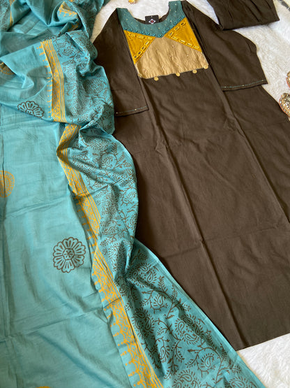 Mirror Work Cotton Straight Kurti With Palazzo And Dupatta. Cotton Suit Sets For Women.