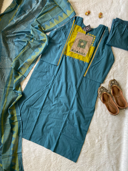 Mirror Work Cotton Straight Kurti With Palazzo And Dupatta. Cotton Suit Sets For Women.