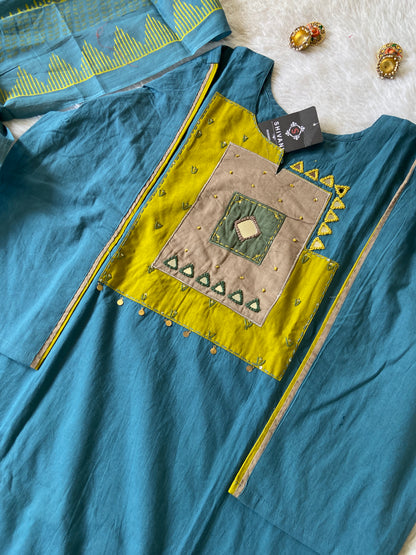 Mirror Work Cotton Straight Kurti With Palazzo And Dupatta. Cotton Suit Sets For Women.