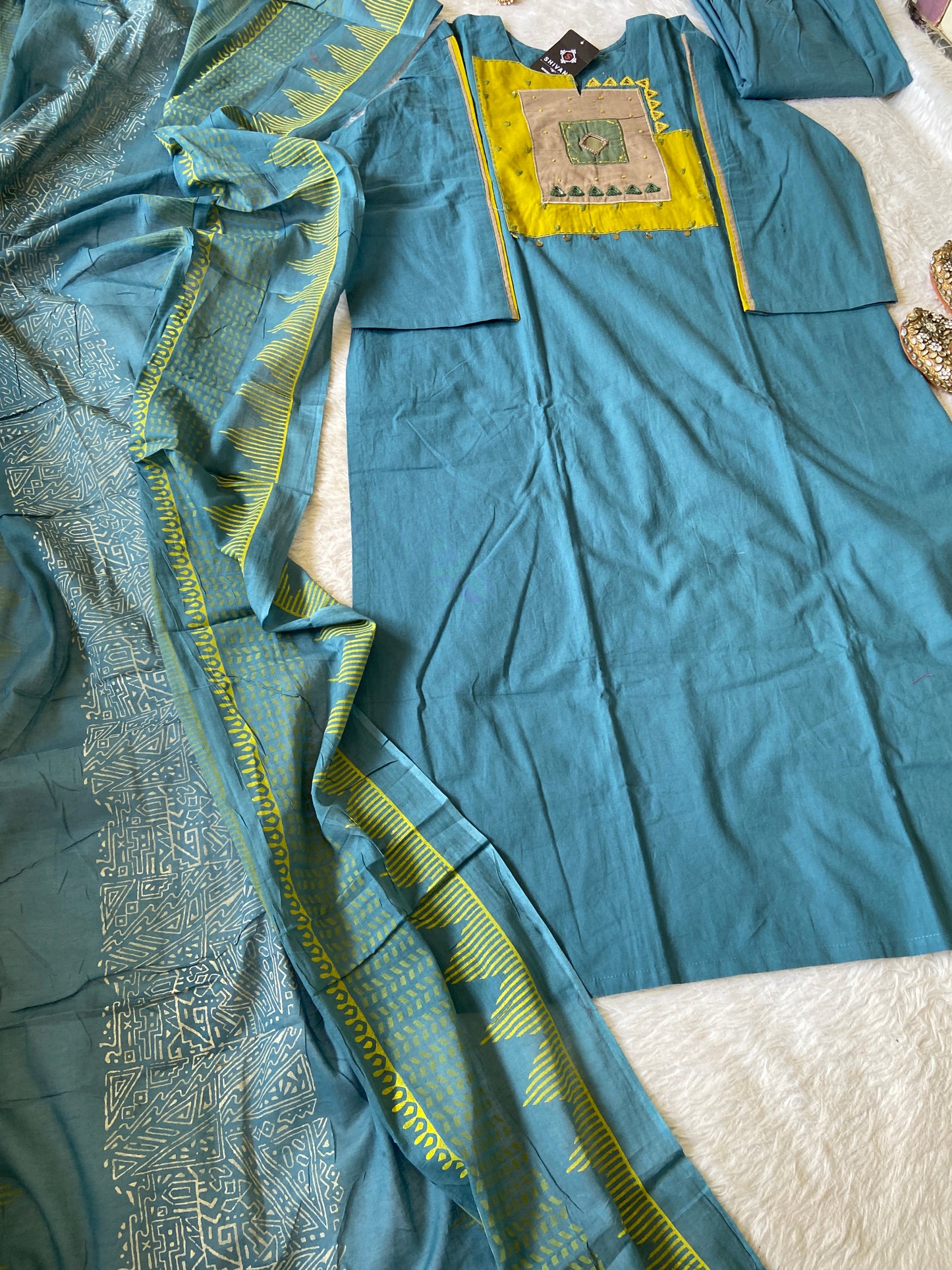 Mirror Work Cotton Straight Kurti With Palazzo And Dupatta. Cotton Suit Sets For Women.