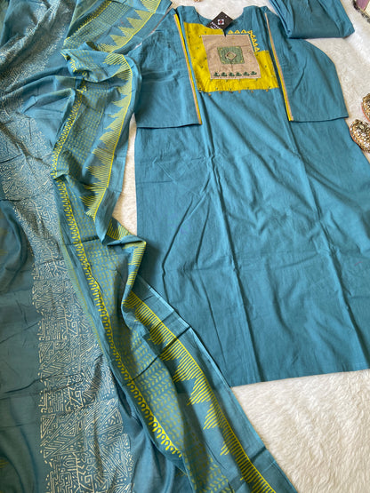 Mirror Work Cotton Straight Kurti With Palazzo And Dupatta. Cotton Suit Sets For Women.