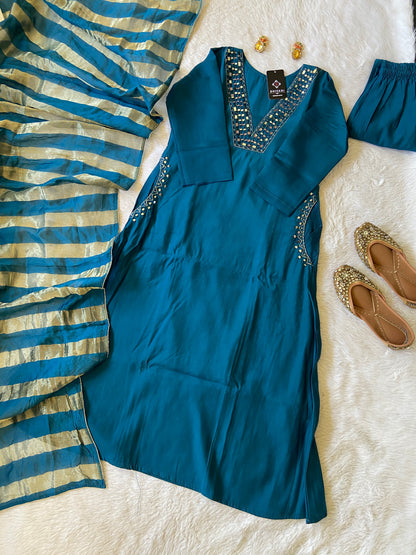 Mirror Work Aline Kurti, Pocket Work With Matching Palazzo And Dupatta. Silk Suit Sets For Women.