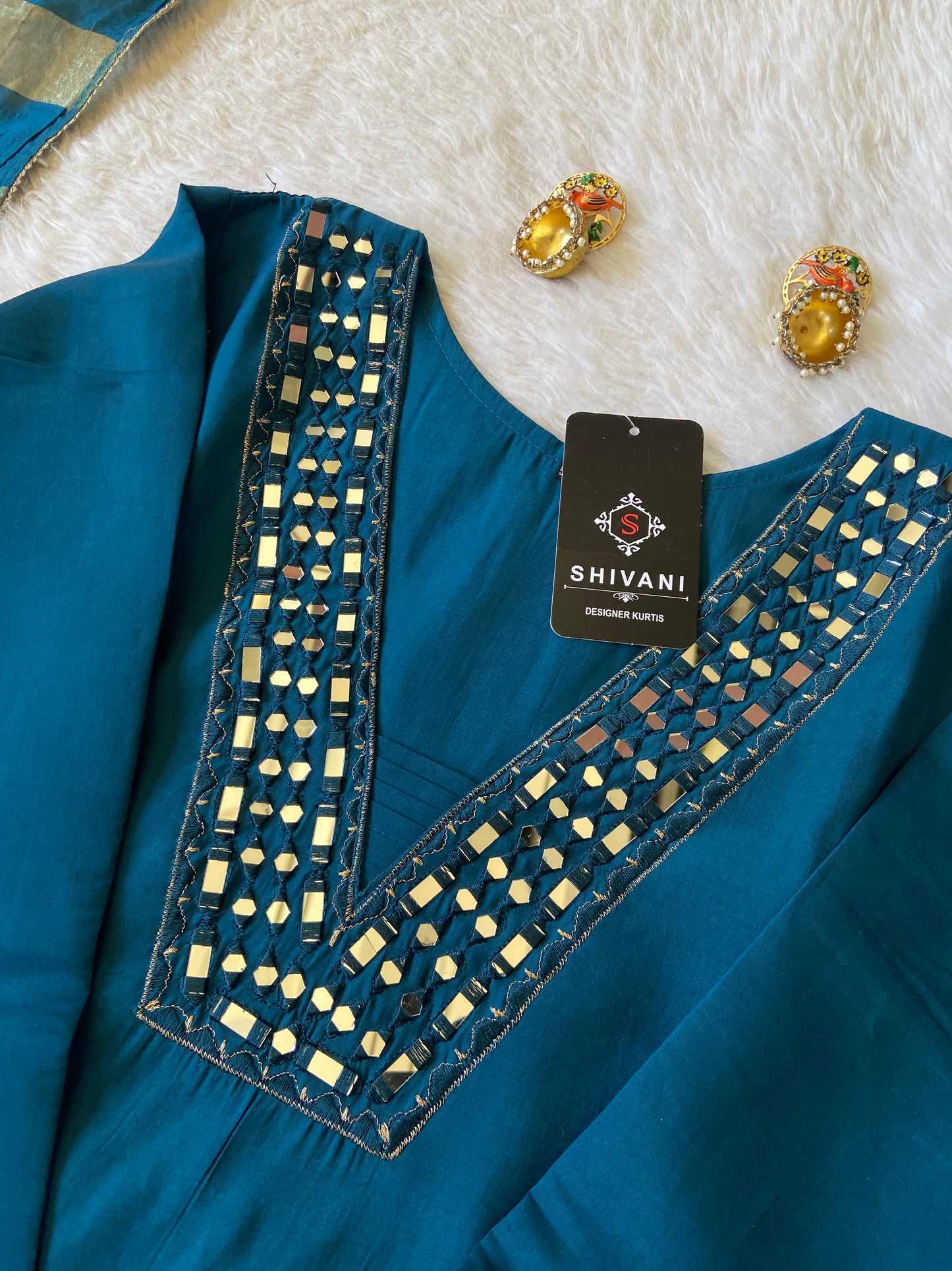 Mirror Work Aline Kurti, Pocket Work With Matching Palazzo And Dupatta. Silk Suit Sets For Women.
