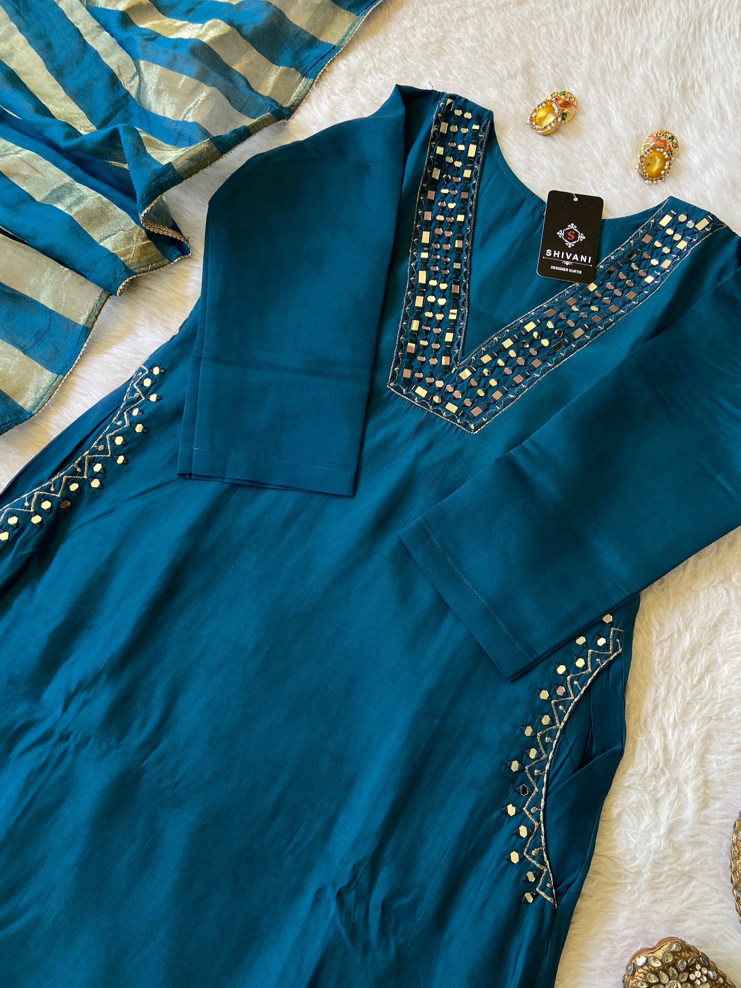 Mirror Work Aline Kurti, Pocket Work With Matching Palazzo And Dupatta. Silk Suit Sets For Women.