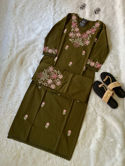 Embroidery Work Cotton Straight Kurti With Palazzo. Cotton Kurti Sets For Women.