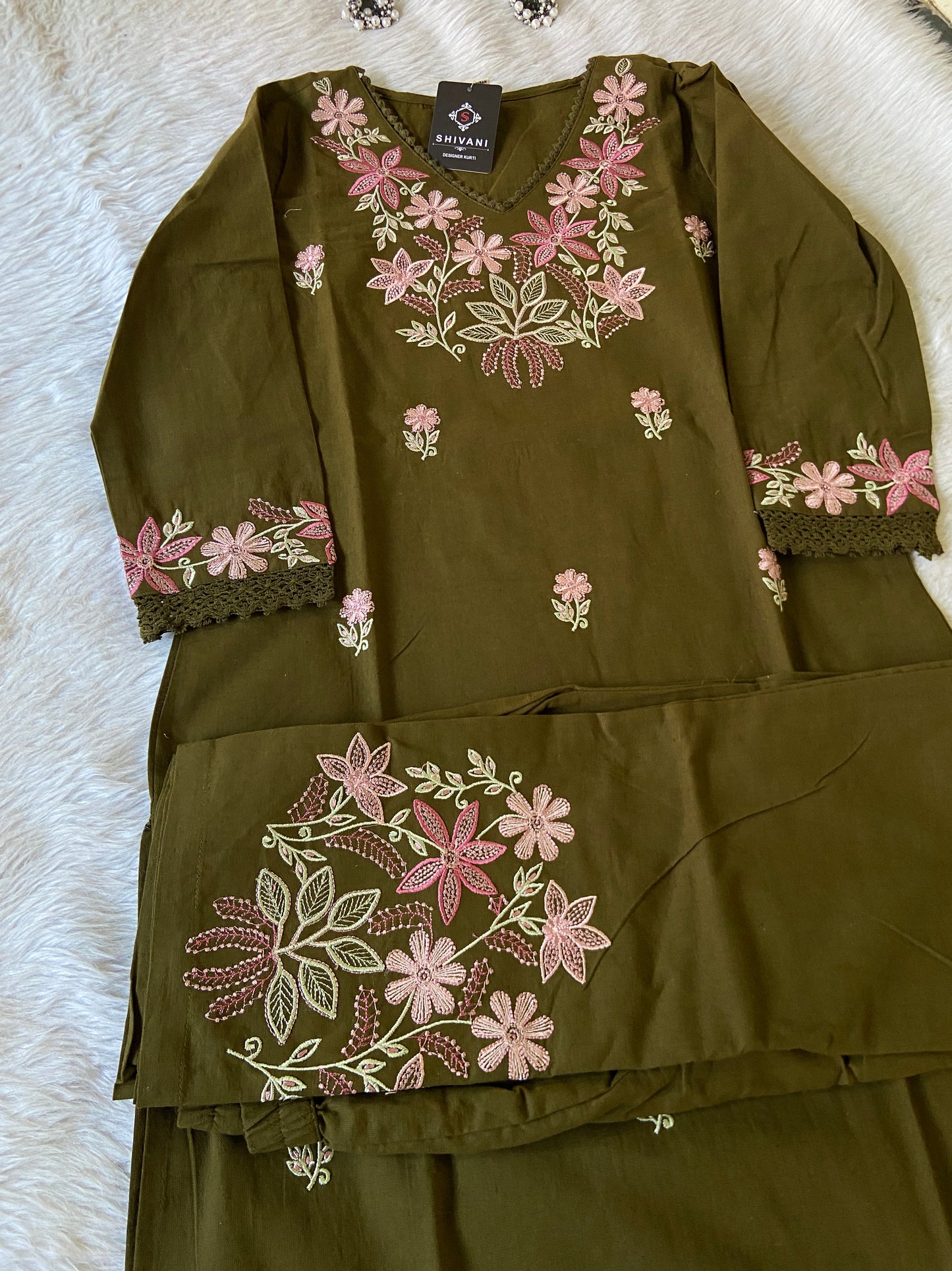Embroidery Work Cotton Straight Kurti With Palazzo. Cotton Kurti Sets For Women.