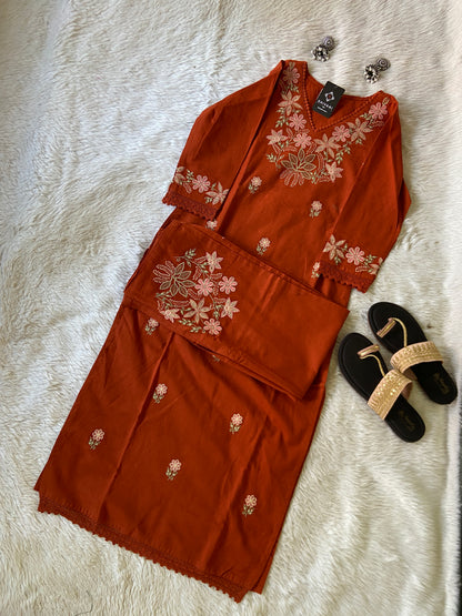 Embroidery Work Cotton Straight Kurti With Palazzo. Cotton Kurti Sets For Women.