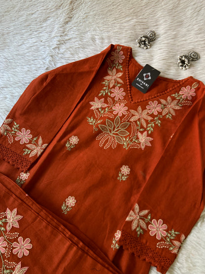 Embroidery Work Cotton Straight Kurti With Palazzo. Cotton Kurti Sets For Women.