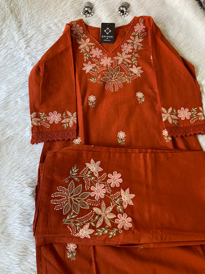 Embroidery Work Cotton Straight Kurti With Palazzo. Cotton Kurti Sets For Women.