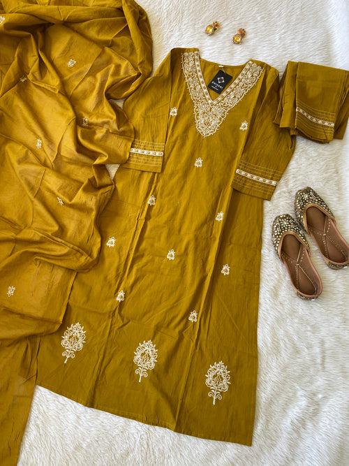 Cotton V-neck Embroidery Kurti With Sleeve Work, With Pant And Dupatta. Cotton Suit Sets For Women.