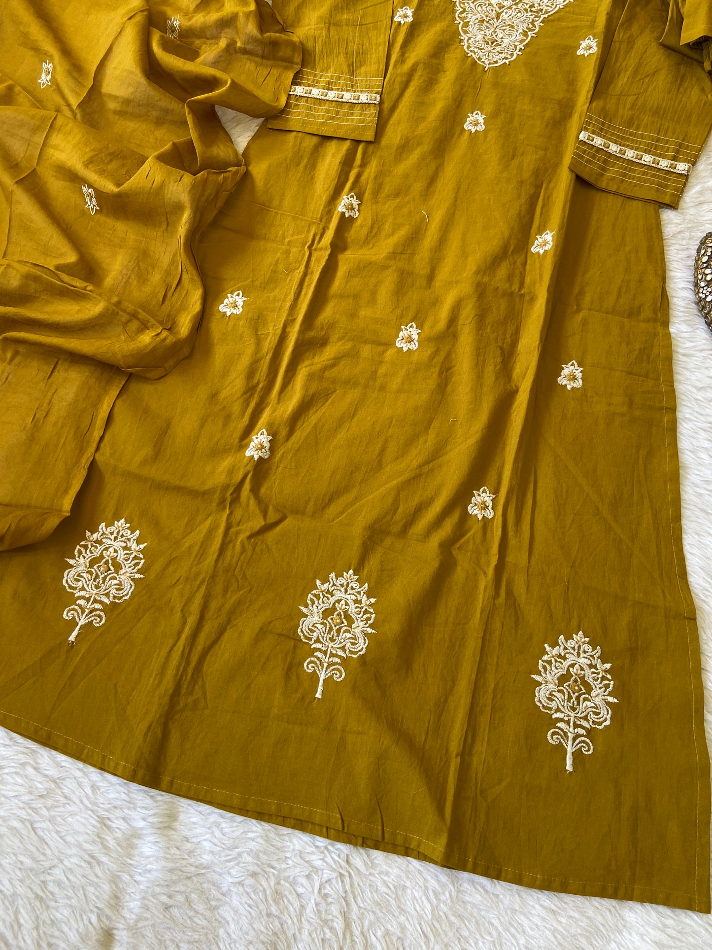 Cotton V-neck Embroidery Kurti With Sleeve Work, With Pant And Dupatta. Cotton Suit Sets For Women.