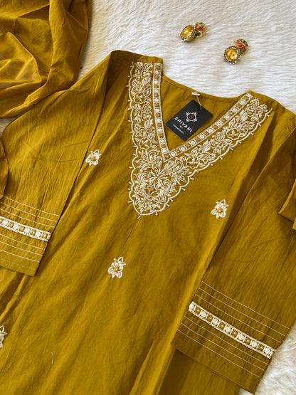 Cotton V-neck Embroidery Kurti With Sleeve Work, With Pant And Dupatta. Cotton Suit Sets For Women.