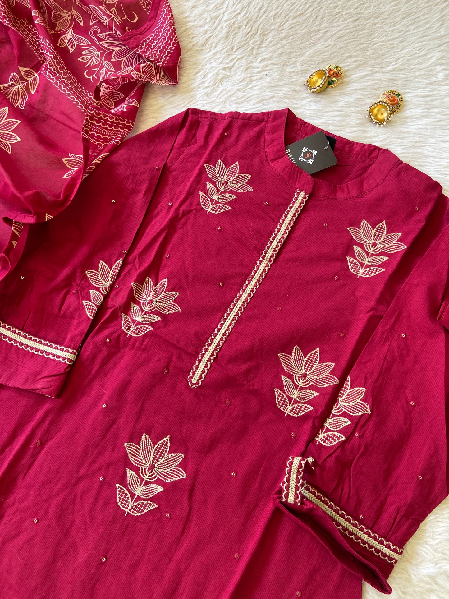 Beautiful Embroidery Work Cotton Aline Kurti (Lining Attched) With Pant And Dupatta. Cotton Suit Sets For Women.