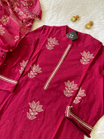 Beautiful Embroidery Work Cotton Aline Kurti (Lining Attched) With Pant And Dupatta. Cotton Suit Sets For Women.