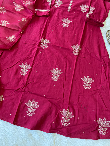 Beautiful Embroidery Work Cotton Aline Kurti (Lining Attched) With Pant And Dupatta. Cotton Suit Sets For Women.