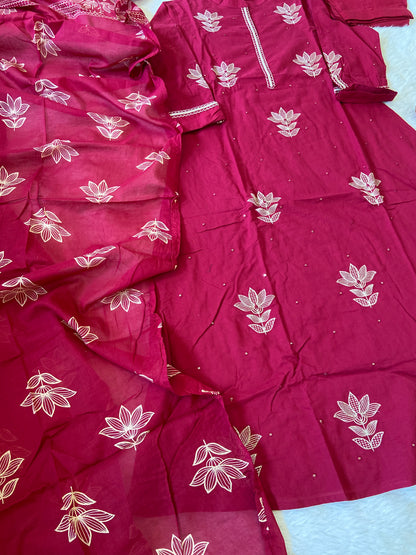 Beautiful Embroidery Work Cotton Aline Kurti (Lining Attched) With Pant And Dupatta. Cotton Suit Sets For Women.