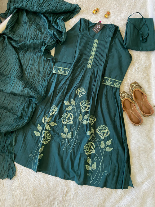 Flower Embroidery Work Aline Cotton Kurti, Pant And Dupatta. Cotton Suit Sets For Women.