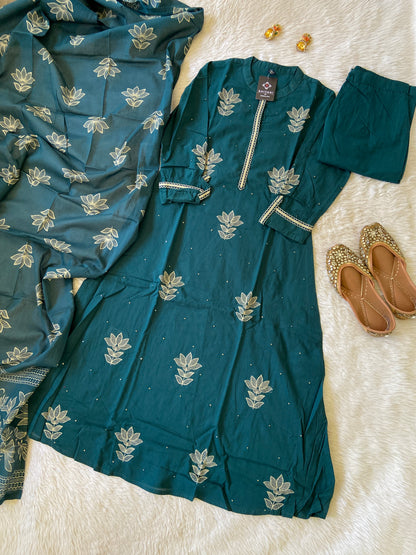 Beautiful Embroidery Work Cotton Aline Kurti (Lining Attched) With Pant And Dupatta. Cotton Suit Sets For Women.