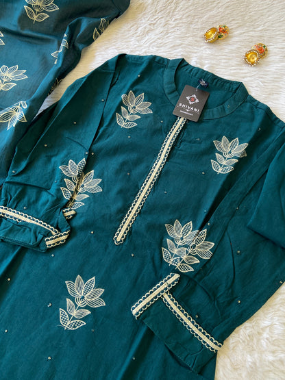 Beautiful Embroidery Work Cotton Aline Kurti (Lining Attched) With Pant And Dupatta. Cotton Suit Sets For Women.