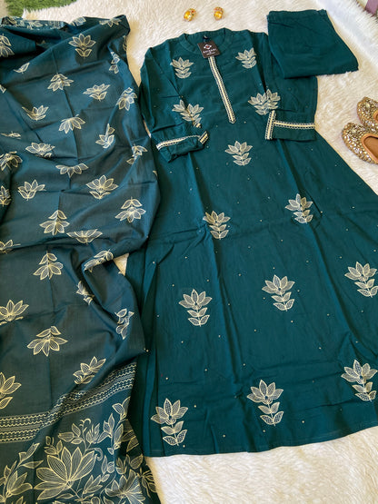 Beautiful Embroidery Work Cotton Aline Kurti (Lining Attched) With Pant And Dupatta. Cotton Suit Sets For Women.