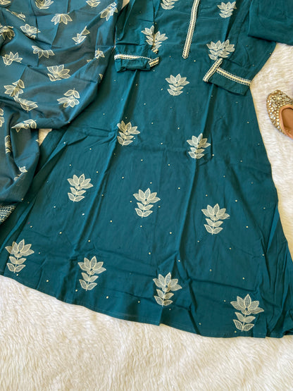 Beautiful Embroidery Work Cotton Aline Kurti (Lining Attched) With Pant And Dupatta. Cotton Suit Sets For Women.