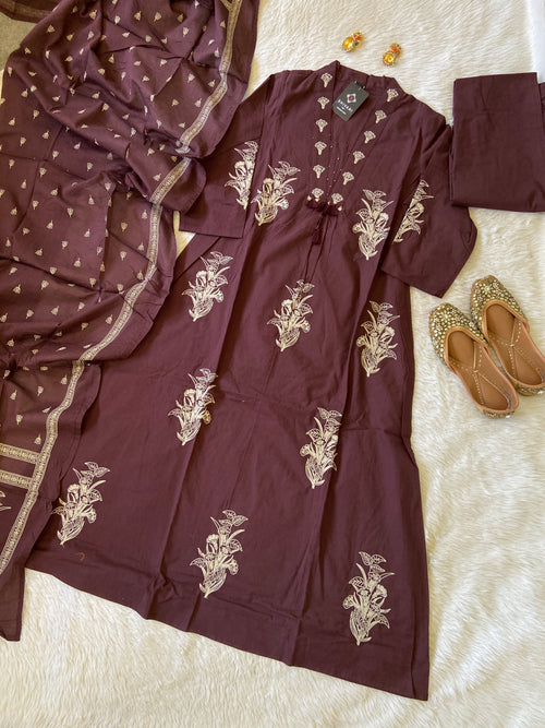 Cotton V-neck Embroidery Kurti, Pant And Dupatta. Cotton Suit Sets For Women.