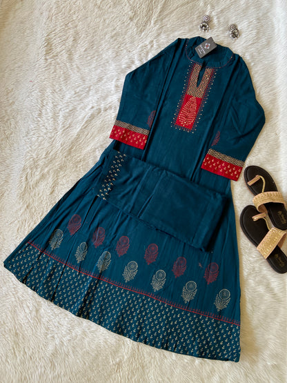 Aline Kurti With Block Print Concept With Palazzo (Gamthi Pair). Cotton Aline Sets For Women.