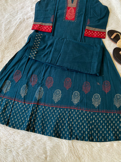 Aline Kurti With Block Print Concept With Palazzo (Gamthi Pair). Cotton Aline Sets For Women.
